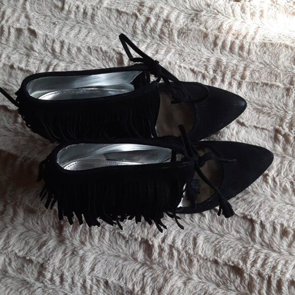 Calvin Klein Size 9M Black Suede Stiletto Lace Up Fringe Heels Statement Style - Picture 4 of 8